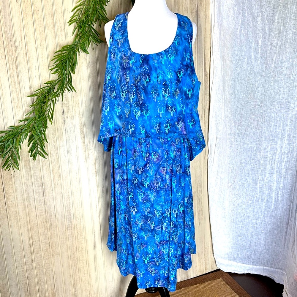 Go Fish Tropical Batik Gathered, Overtop, Sleeveless Dress, XL, EUC, Rayon